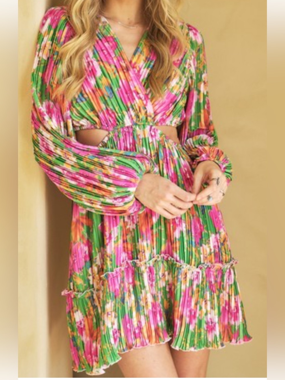 Floral Pleated Long-Sleeve Wrap Dress in Green and Pink